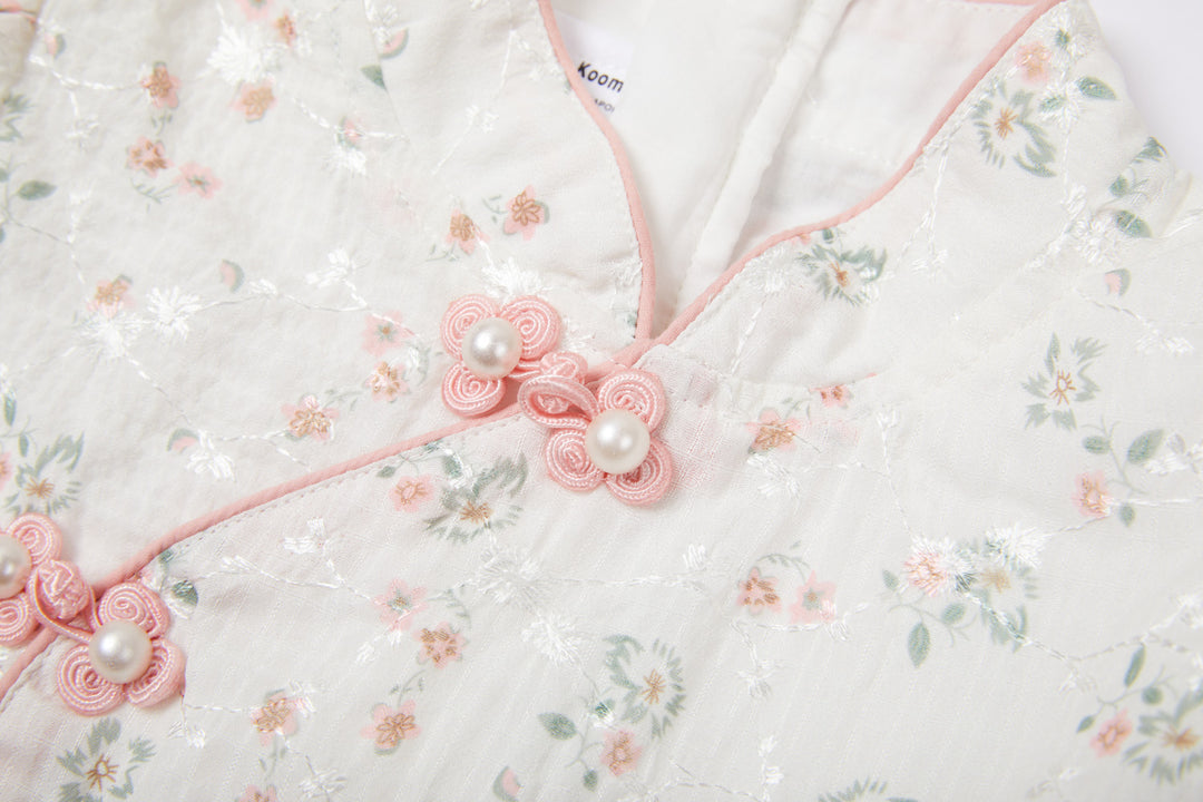 Baby Kids Girl Ivory Floral Cheongsam Dress w Embroidered Branches Green Leaves n Pink Flowers Prints - quixoticmuses