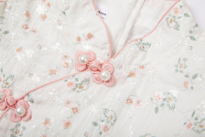 Baby Kids Girl Ivory Floral Cheongsam Dress w Embroidered Branches Green Leaves n Pink Flowers Prints - quixoticmuses