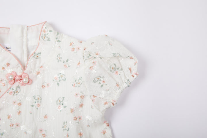 Baby Kids Girl Ivory Floral Cheongsam Dress w Embroidered Branches Green Leaves n Pink Flowers Prints - quixoticmuses