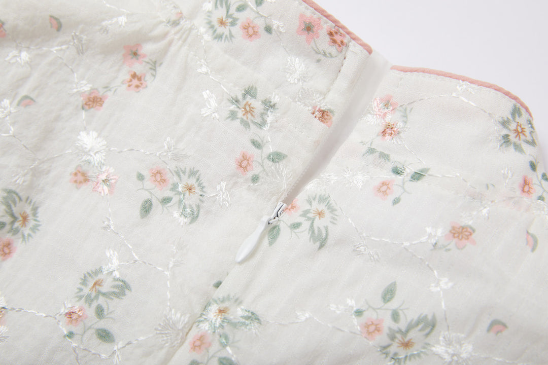 Baby Kids Girl Ivory Floral Cheongsam Dress w Embroidered Branches Green Leaves n Pink Flowers Prints - quixoticmuses