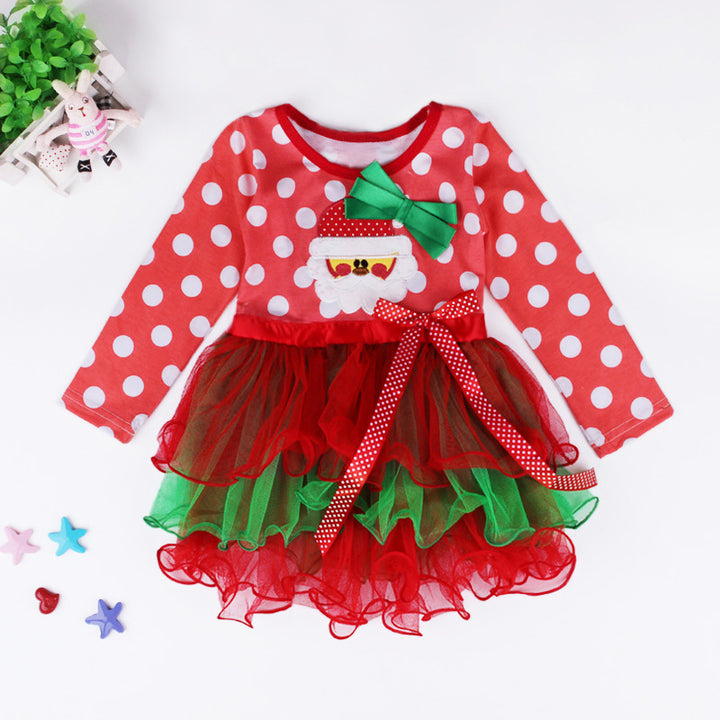 Girl's Christmas Outfit Long Sleeve Red Dots Voile Dress - 1125 - quixoticmuses