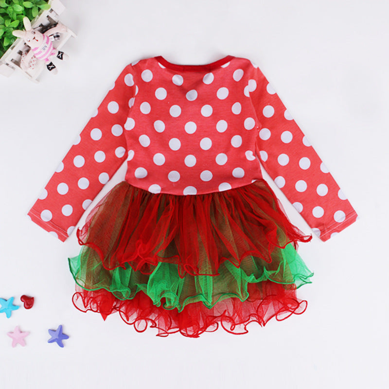 Girl's Christmas Outfit Long Sleeve Red Dots Voile Dress - 1125 - quixoticmuses