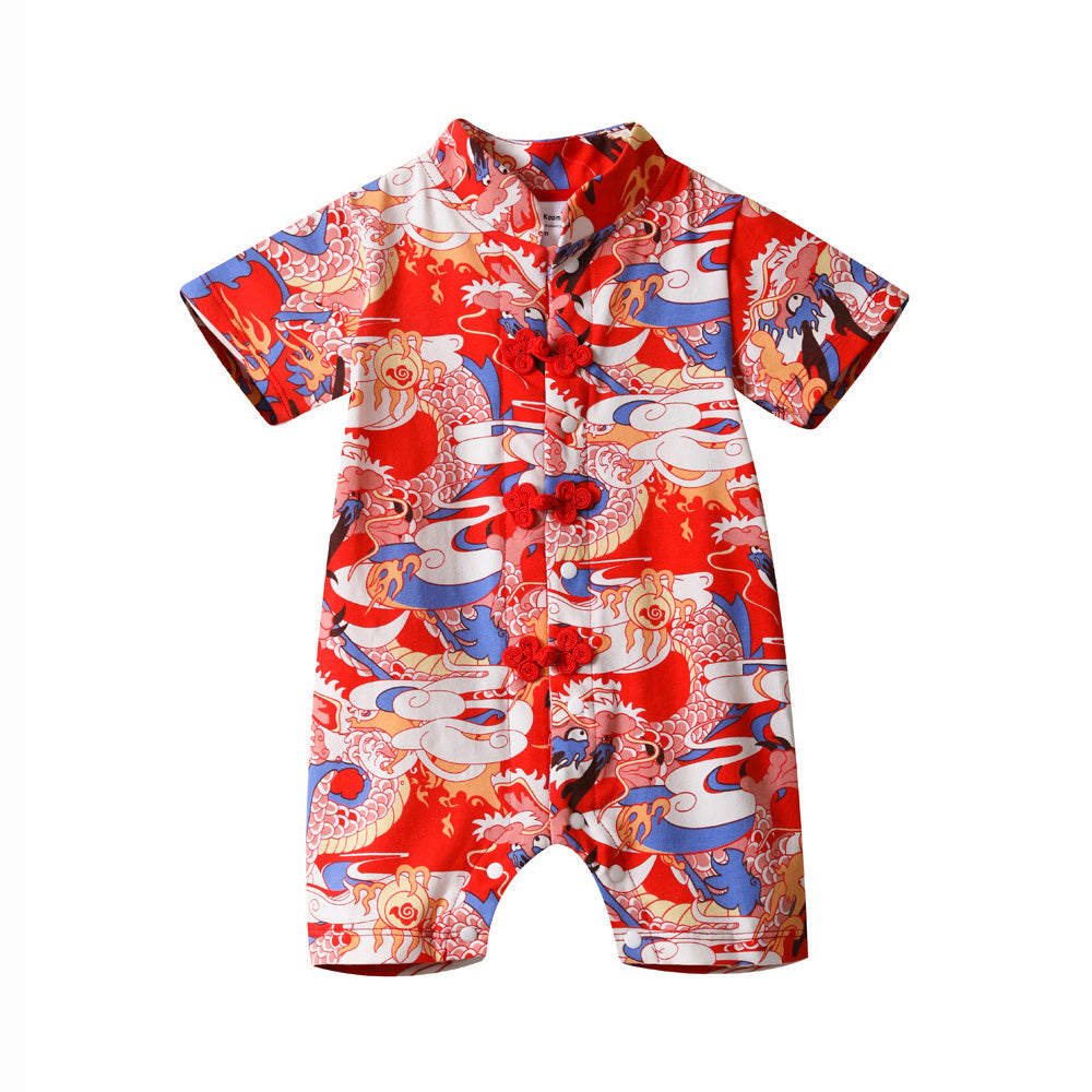 Baby Boy Blue n Red Cheongsam Romper w Dragon Prints - quixoticmuses