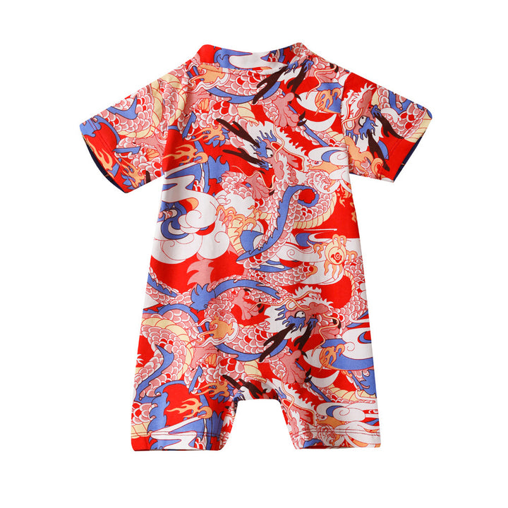 Baby Boy Blue n Red Cheongsam Romper w Dragon Prints - quixoticmuses