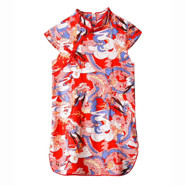 Baby Kids Girl Blue n Red Cheongsam Dress w Dragon Prints - quixoticmuses