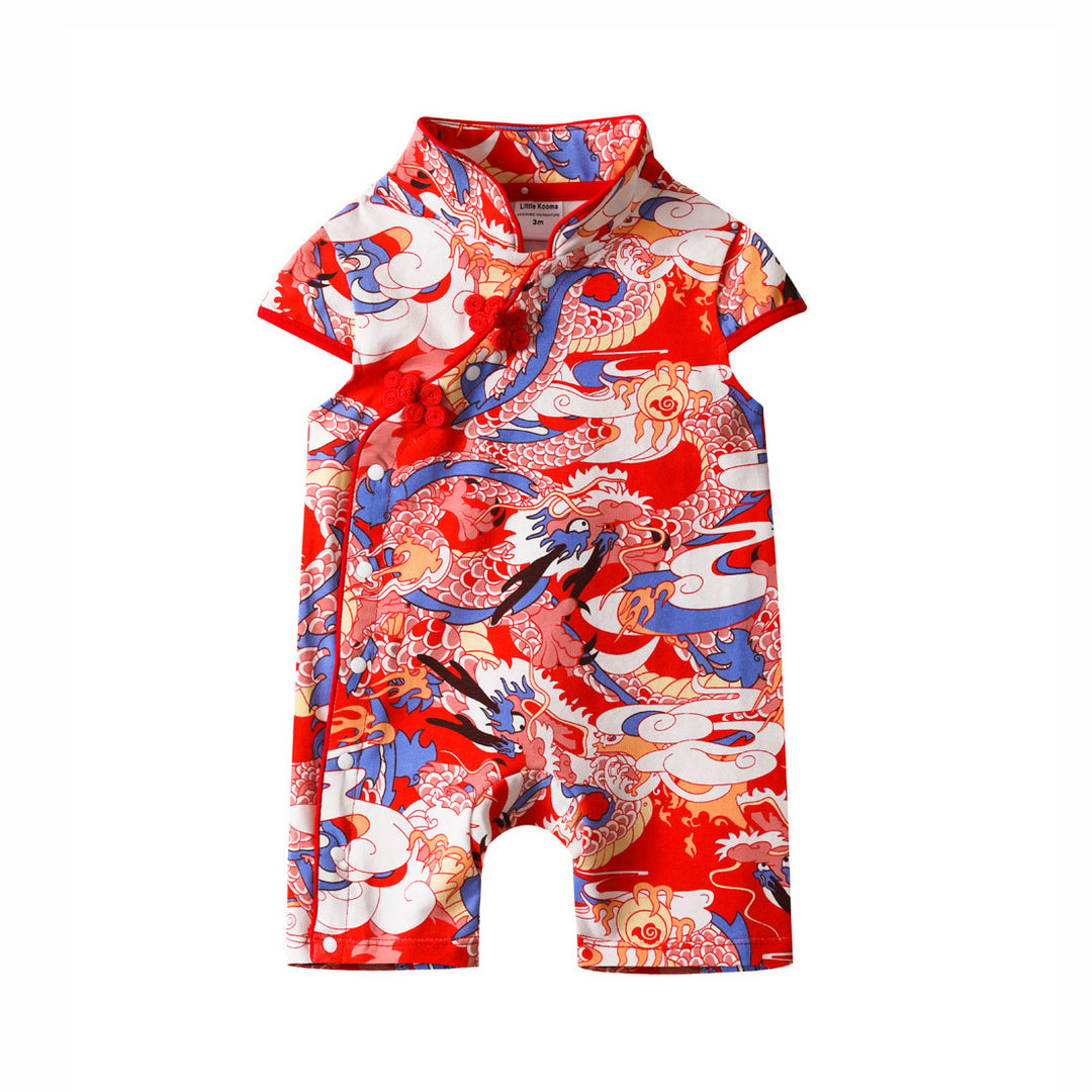 Baby Girl Blue n Red Cheongsam Romper w Dragon Prints - quixoticmuses