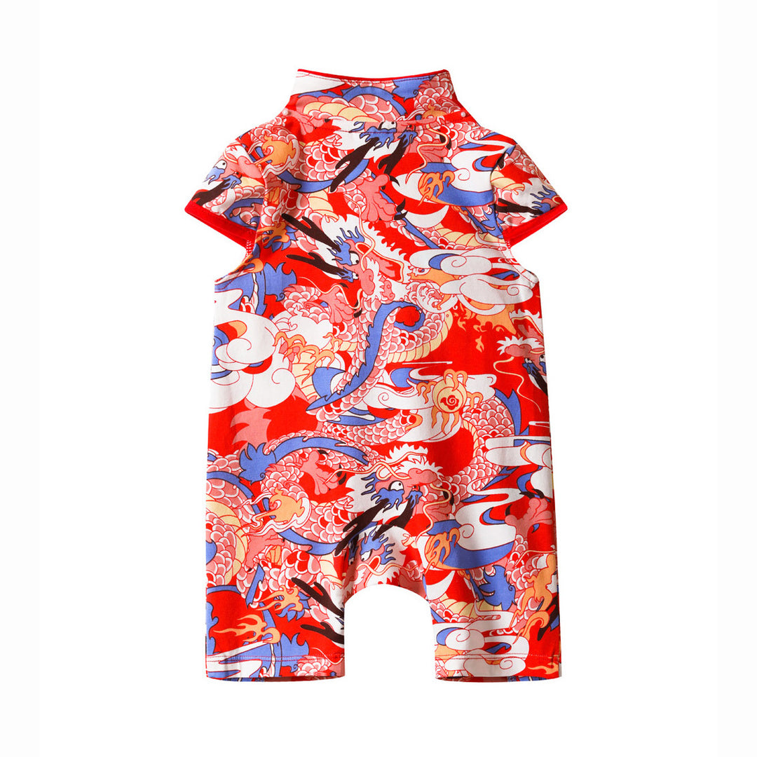 Baby Girl Blue n Red Cheongsam Romper w Dragon Prints - quixoticmuses