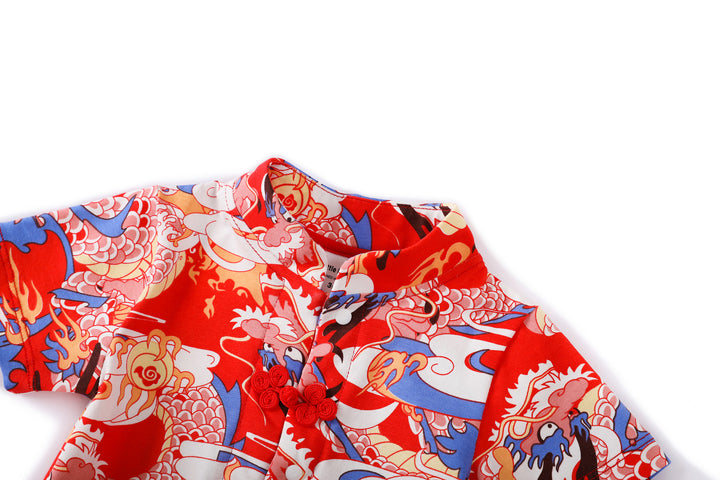 Baby Boy Blue n Red Cheongsam Romper w Dragon Prints - quixoticmuses