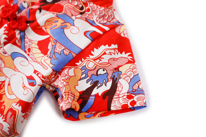 Baby Boy Blue n Red Cheongsam Romper w Dragon Prints - quixoticmuses