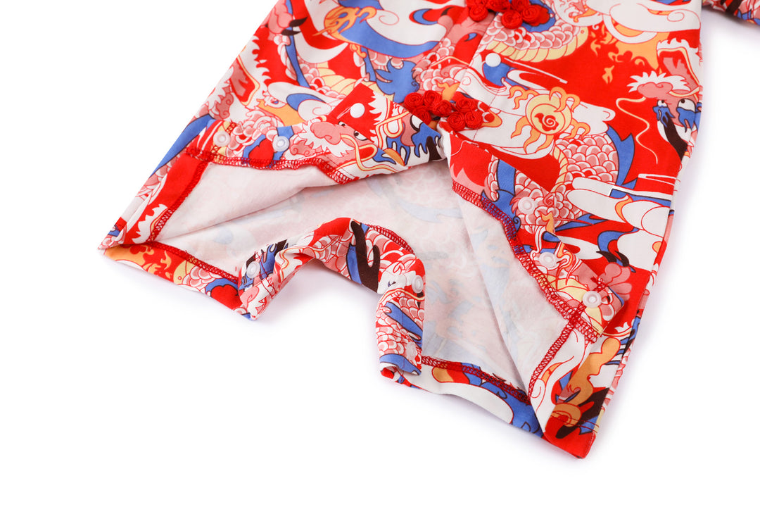 Baby Boy Blue n Red Cheongsam Romper w Dragon Prints - quixoticmuses