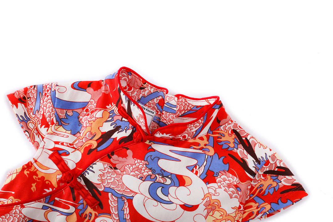 Baby Kids Girl Blue n Red Cheongsam Dress w Dragon Prints - quixoticmuses