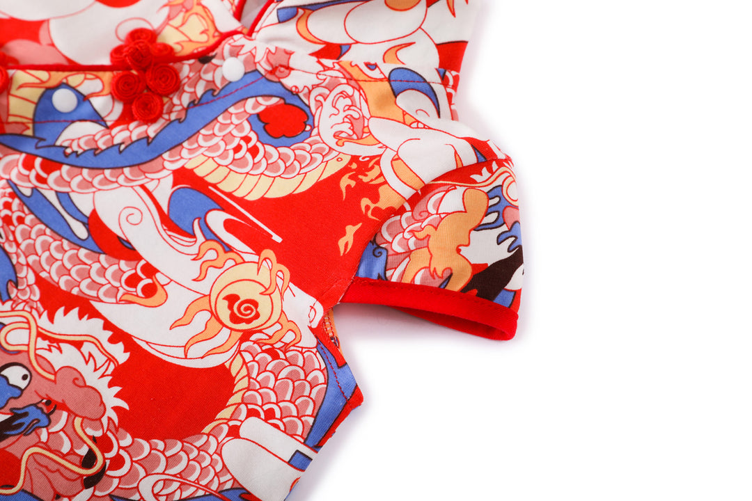 Baby Girl Blue n Red Cheongsam Romper w Dragon Prints - quixoticmuses