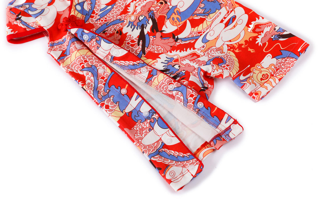 Baby Girl Blue n Red Cheongsam Romper w Dragon Prints - quixoticmuses