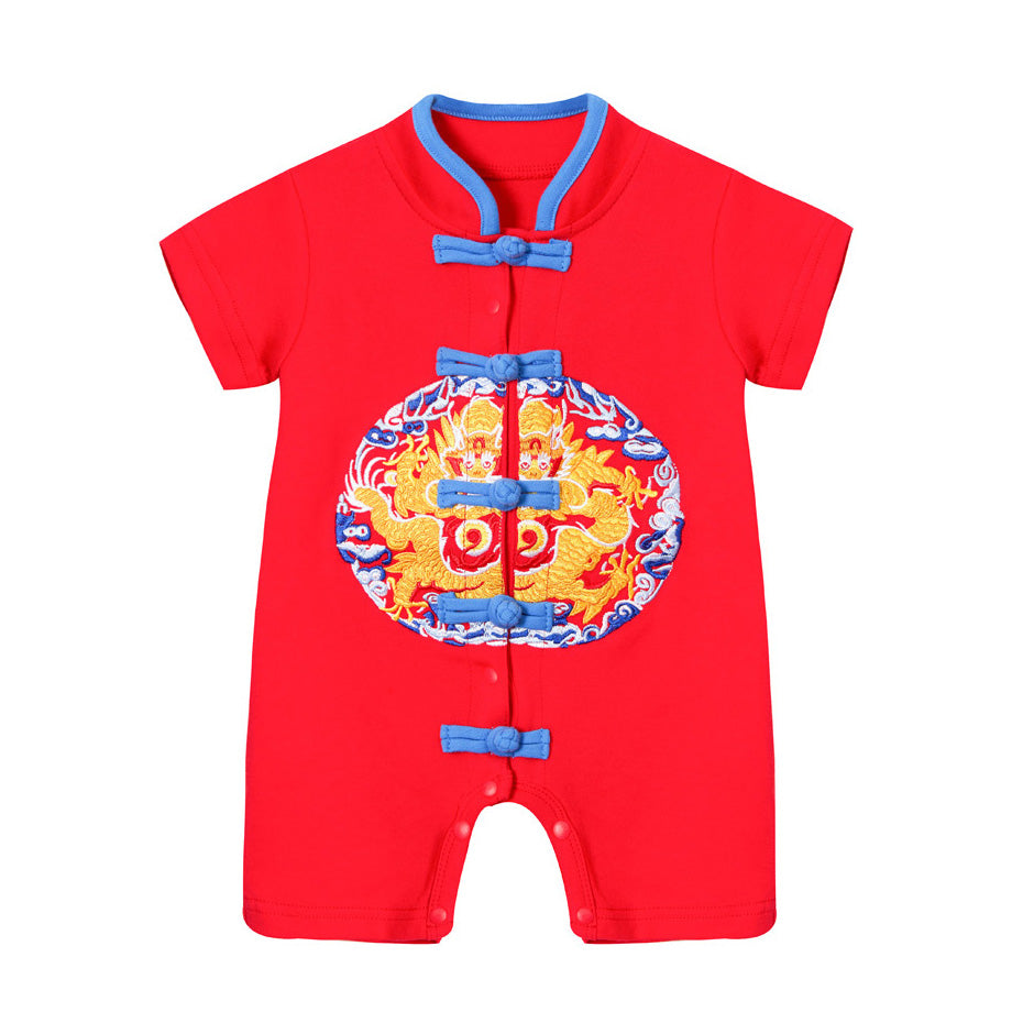 Baby Red Cheongsam Romper Blue Auspicious Clouds Gold Dragon - quixoticmuses