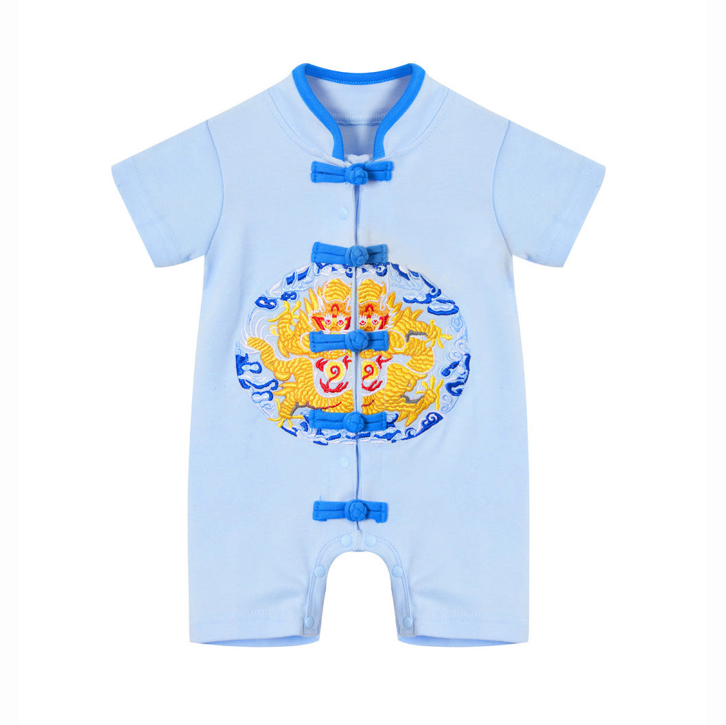 Baby Light Blue Cheongsam Romper Blue Auspicious Clouds Gold Dragon - quixoticmuses