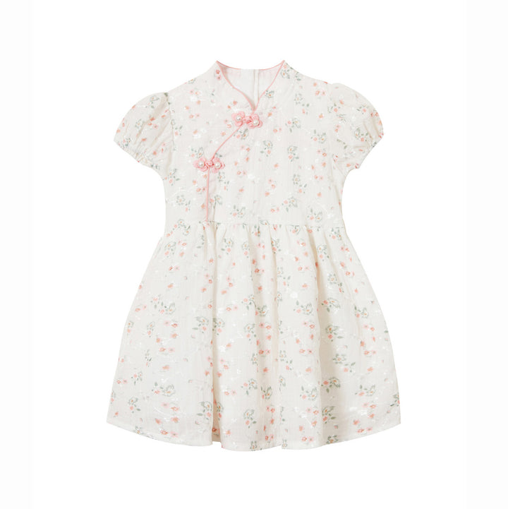 Baby Kids Girl Ivory Floral Cheongsam Dress w Embroidered Branches Green Leaves n Pink Flowers Prints - quixoticmuses