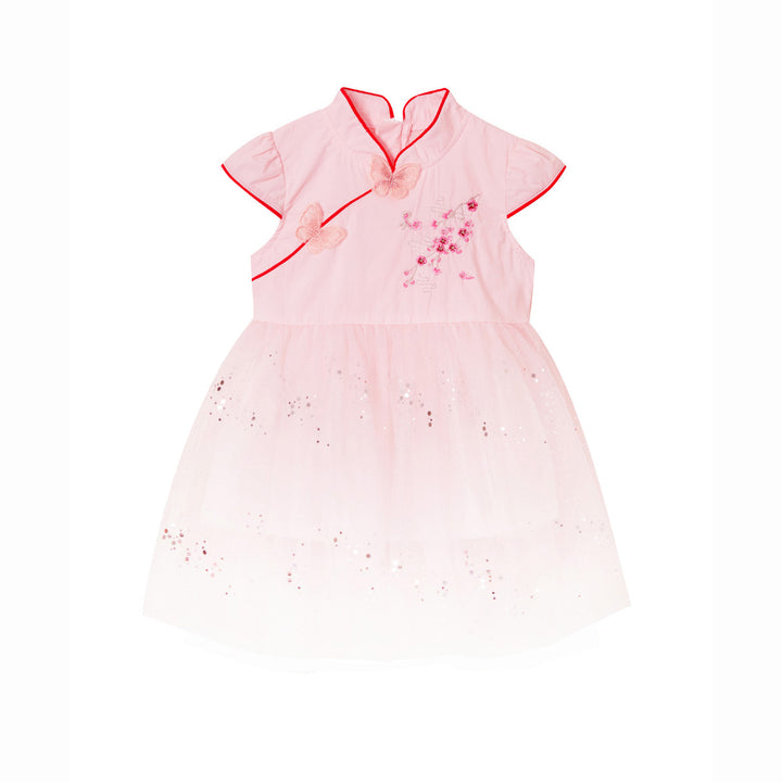 Baby Kids Girl Pink 3D Butterflies Cheongsam Dress w Embroidered Plum Flowers n Pink Shining Voile Dress - quixoticmuses