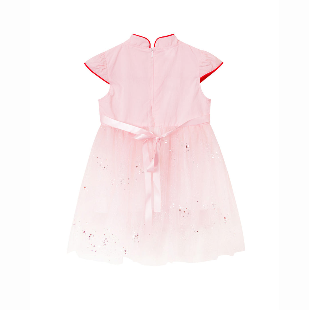 Baby Kids Girl Pink 3D Butterflies Cheongsam Dress w Embroidered Plum Flowers n Pink Shining Voile Dress - quixoticmuses