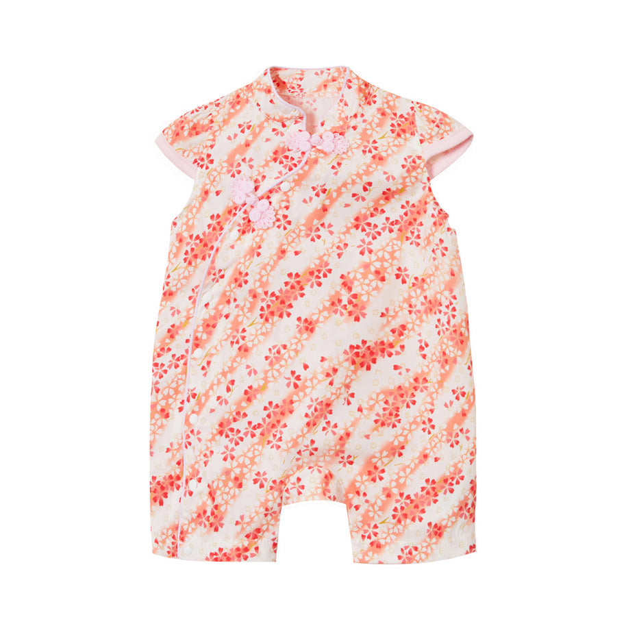 Baby Girl Cheongsam Romper Orange Stripes White n Red Flowers - quixoticmuses