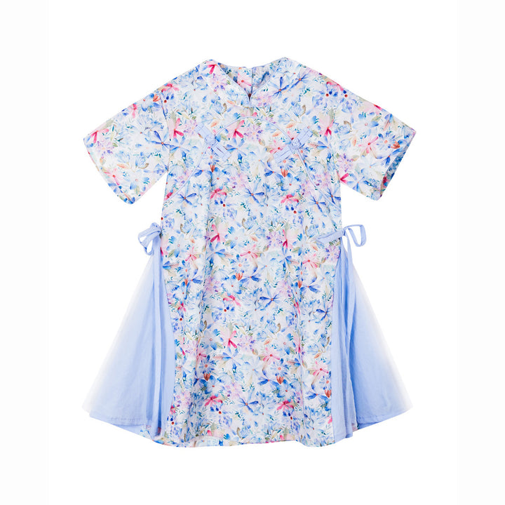 Baby Kids Girl Blue n Pink Flower Cheongsam Dress w Double Bowties n Side Voile Design - quixoticmuses