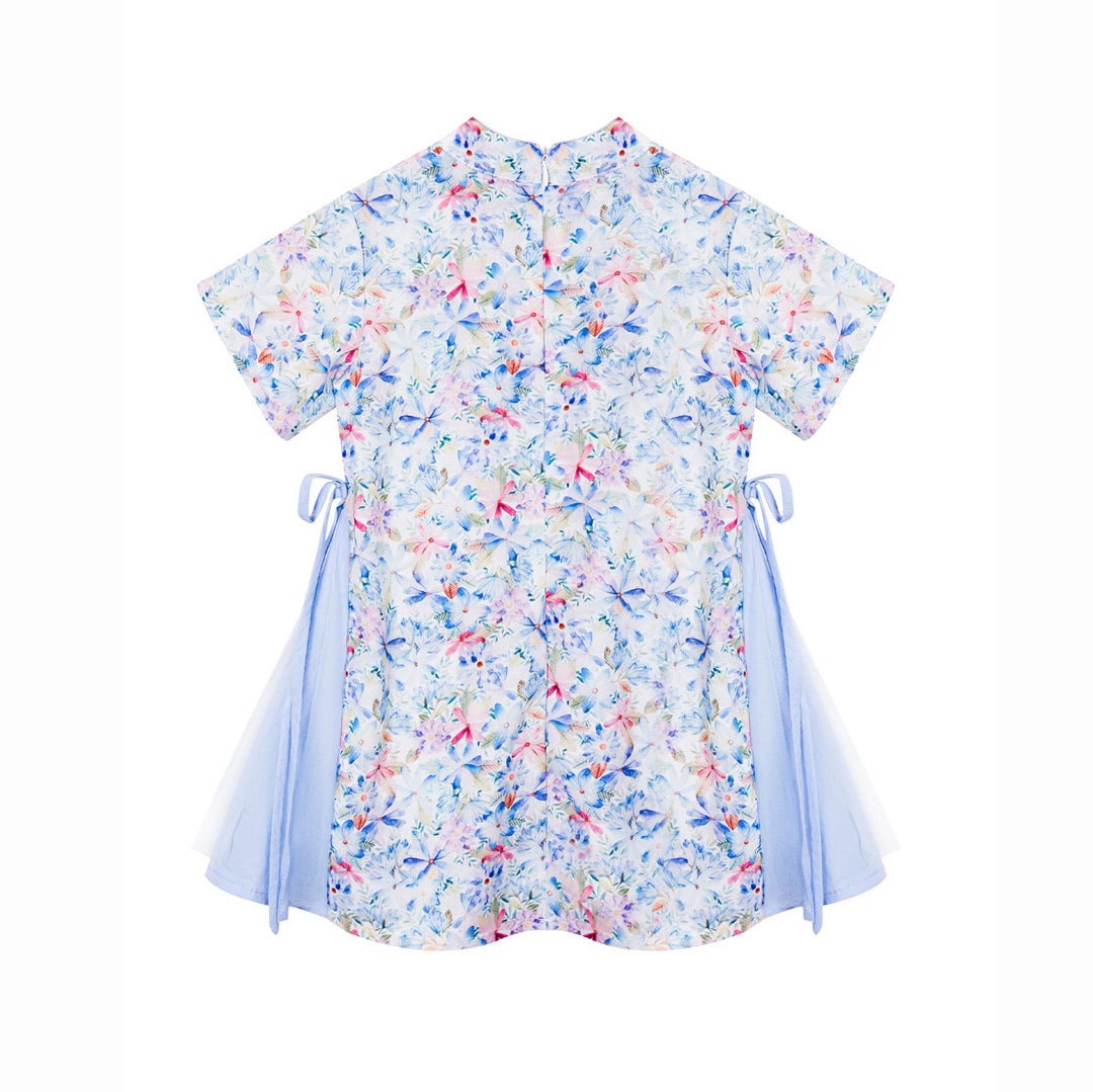 Baby Kids Girl Blue n Pink Flower Cheongsam Dress w Double Bowties n Side Voile Design - quixoticmuses