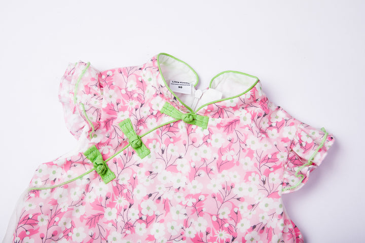 Baby Kids Girl Voile Cover Pink Cheongsam Dress w White Flowers - quixoticmuses