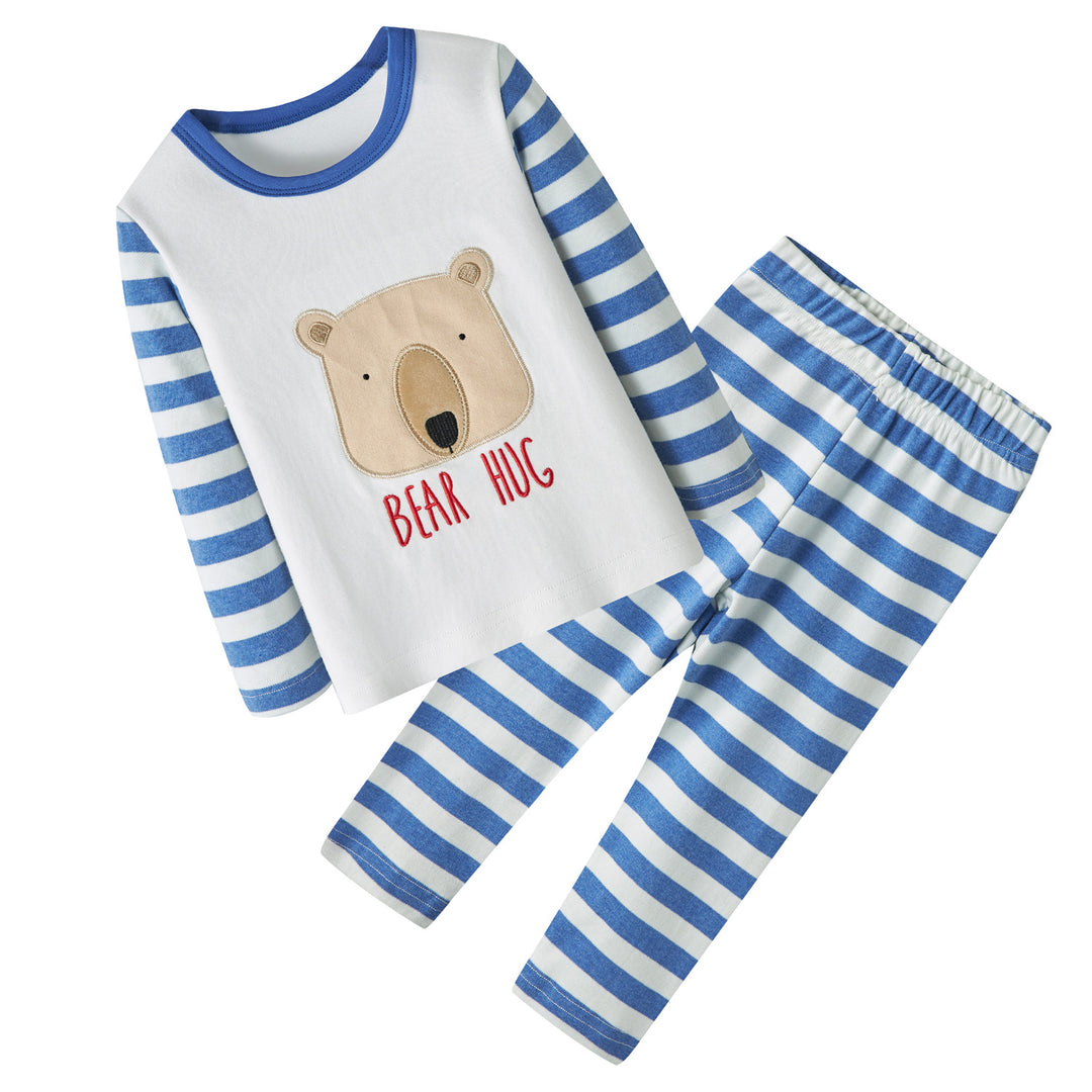 Baby Kids Pajamas Brown Bear White Top w Stripe Sleeves n Stripe Pants Set - quixoticmuses