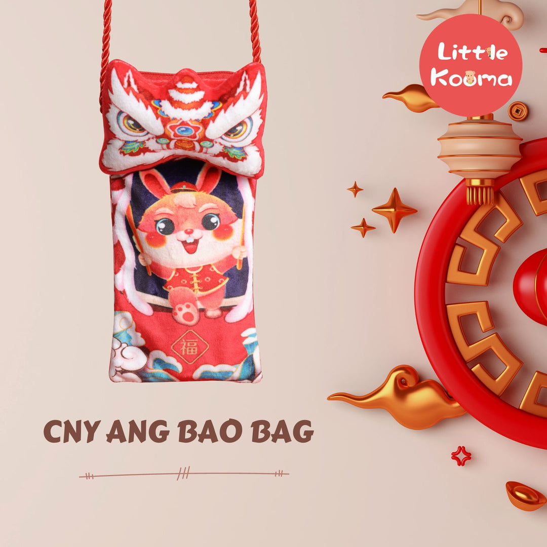 Baby Kids CNY Chinese New Year Rabbit Year Ang Bao Red Velvet Envelope Sling Bag Dancing Lion - quixoticmuses