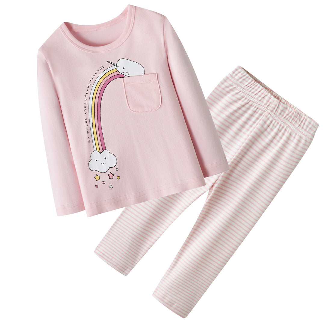 Baby Kids Pajamas Rainbow Unicorn Printed Top w Pink Stripe Pants Set - quixoticmuses