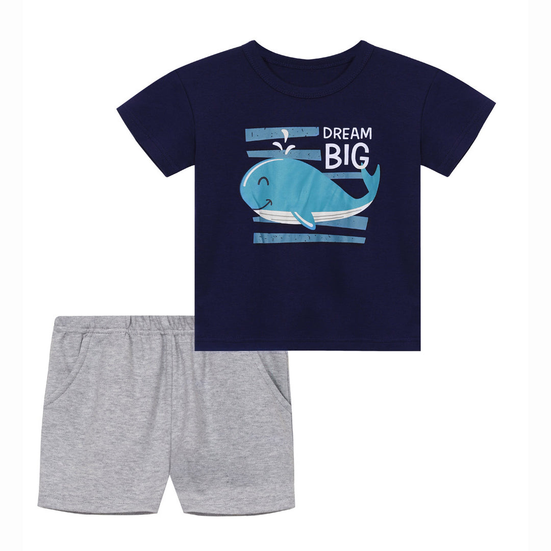 Baby Boy Whale Dark Blue Top n Grey Shorts Set - quixoticmuses