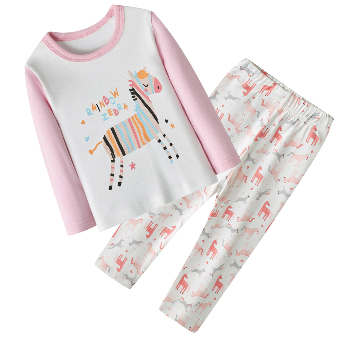 Baby Kids Pajamas Rainbow Zebra Printed Top w Pink Horse Prints Pants Set - quixoticmuses