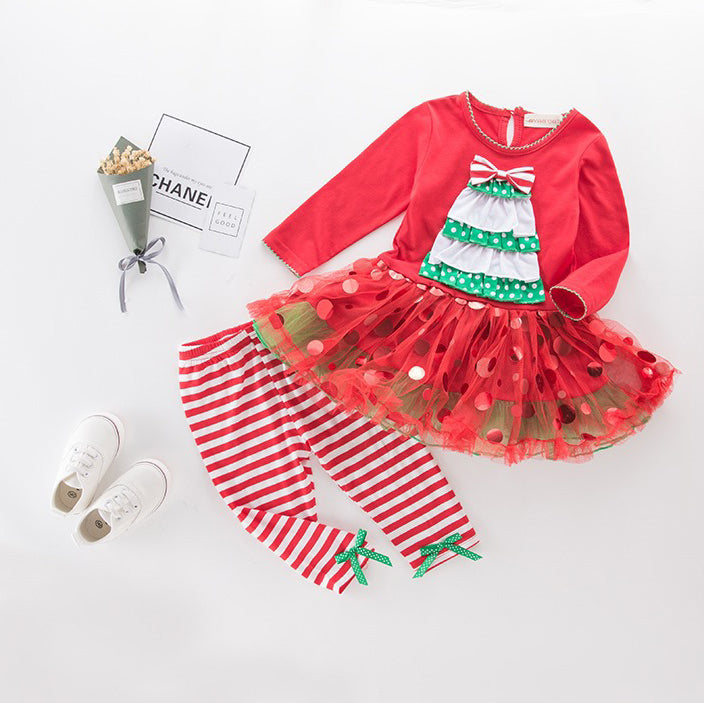 Girl's Christmas Outfit Long Sleeve Christmas Tree Voile Sequin Dress n Pants Two Piece Set - 1125 - quixoticmuses