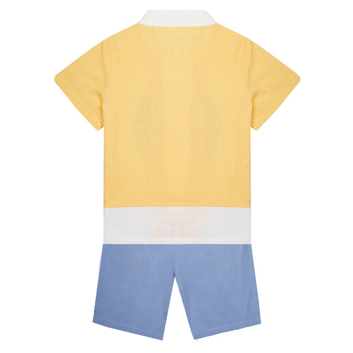 Baby Kids Boys Chinese Character Fu Cheongsam Set Yellow Top n Blue Shorts CNY Chinese New Year Outfit - quixoticmuses