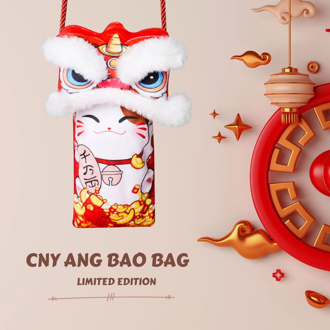 Baby Kids CNY Chinese New Year Ang Bao Red Velvet Envelope Sling Bag Fortune Cat w Dancing Lion - quixoticmuses