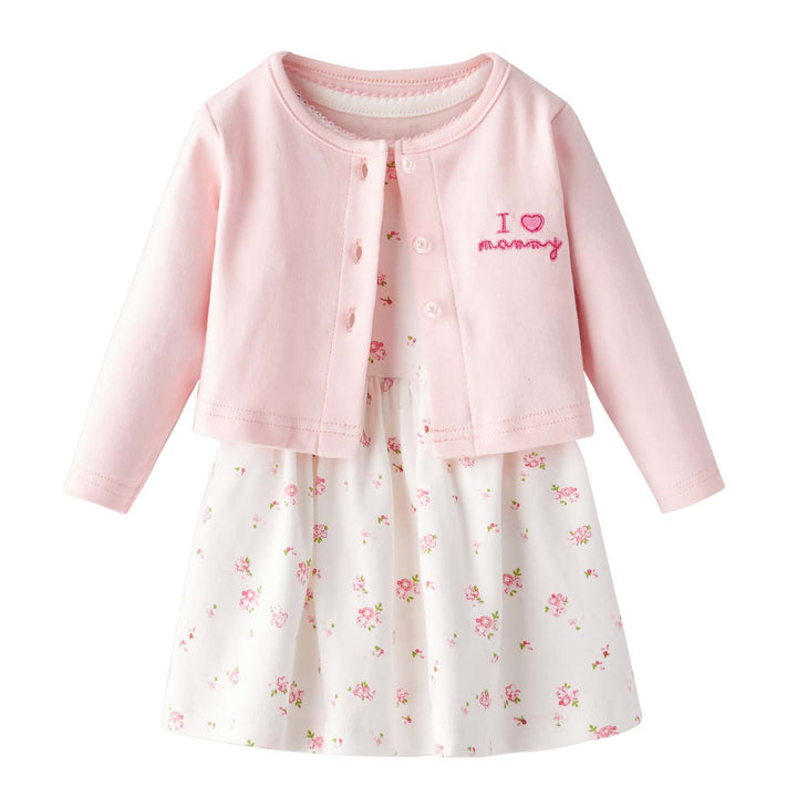 [ZBG04] Baby Girl White w Pink Rose Bodysuit Dress n Pink Cardigan w I Love Mummy 2 Pc Set - quixoticmuses