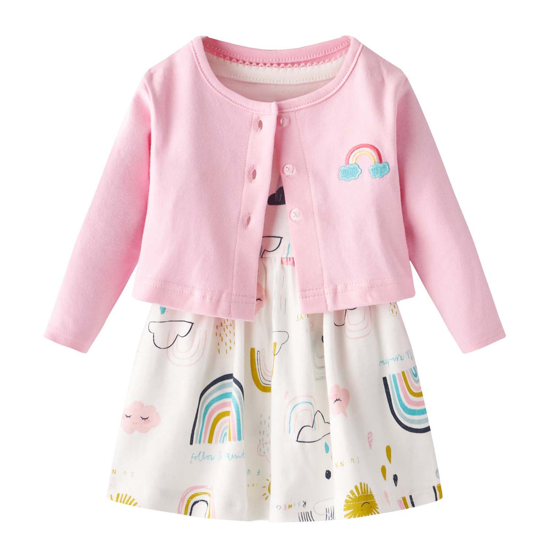 [ZBG03] Baby Girl White w Clouds Sun Rainbow Bodysuit Dress n Pink Cardigan 2 Pc Set - quixoticmuses