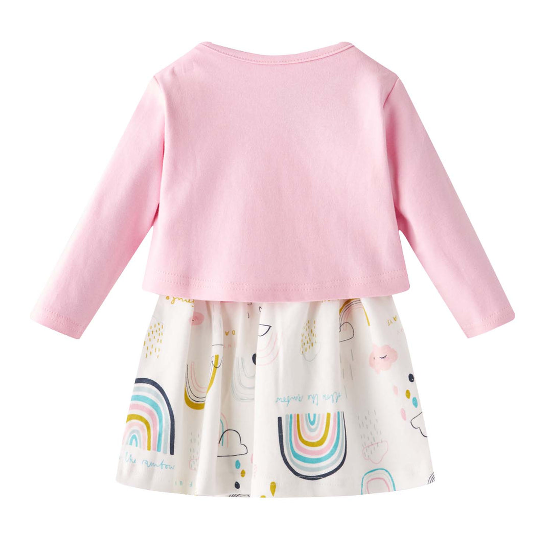 [ZBG03] Baby Girl White w Clouds Sun Rainbow Bodysuit Dress n Pink Cardigan 2 Pc Set - quixoticmuses