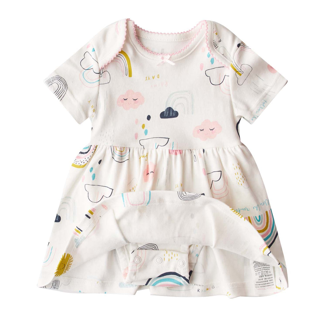 [ZBG03] Baby Girl White w Clouds Sun Rainbow Bodysuit Dress n Pink Cardigan 2 Pc Set - quixoticmuses