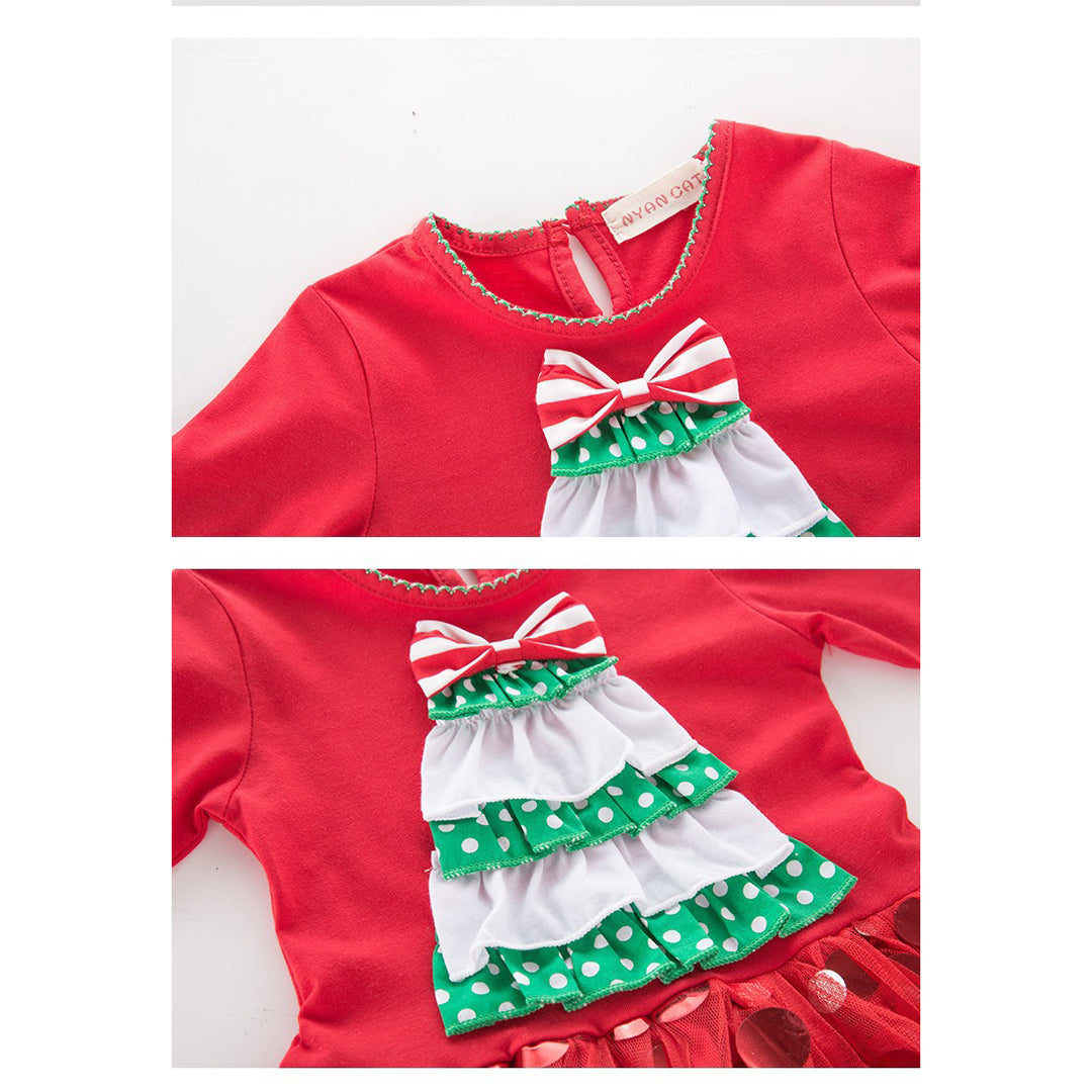 Girl's Christmas Outfit Long Sleeve Christmas Tree Voile Sequin Dress n Pants Two Piece Set - 1125 - quixoticmuses