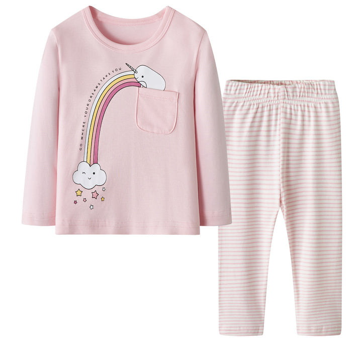 Baby Kids Pajamas Rainbow Unicorn Printed Top w Pink Stripe Pants Set - quixoticmuses