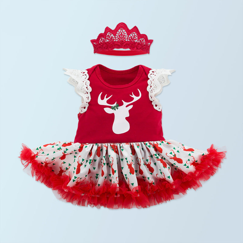 Baby Girl Reindeer Christmas Romper Dress w Headwrap - quixoticmuses