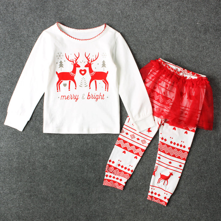 Girl's Christmas Outfit Long Sleeve White Top w Elks Merry & Bright n Voile Skirt Pants - 1125 - quixoticmuses