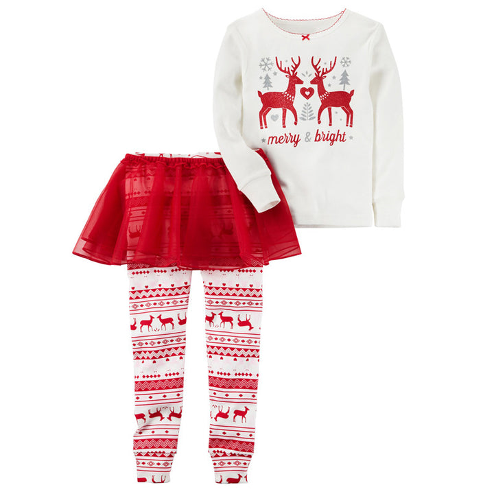 Girl's Christmas Outfit Long Sleeve White Top w Elks Merry & Bright n Voile Skirt Pants - 1125 - quixoticmuses