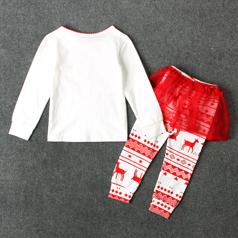 Girl's Christmas Outfit Long Sleeve White Top w Elks Merry & Bright n Voile Skirt Pants - 1125 - quixoticmuses