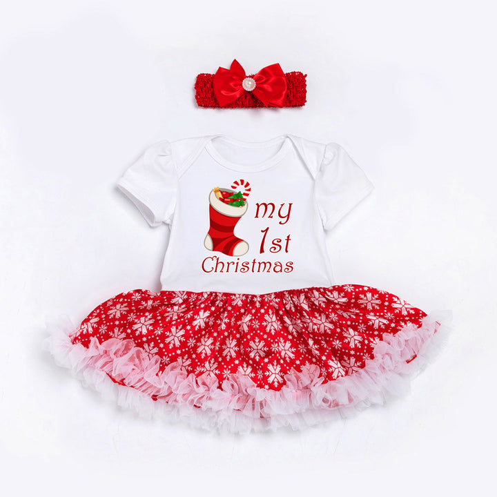 Baby Girl White Dots Christmas Romper Dress w Headwrap - quixoticmuses