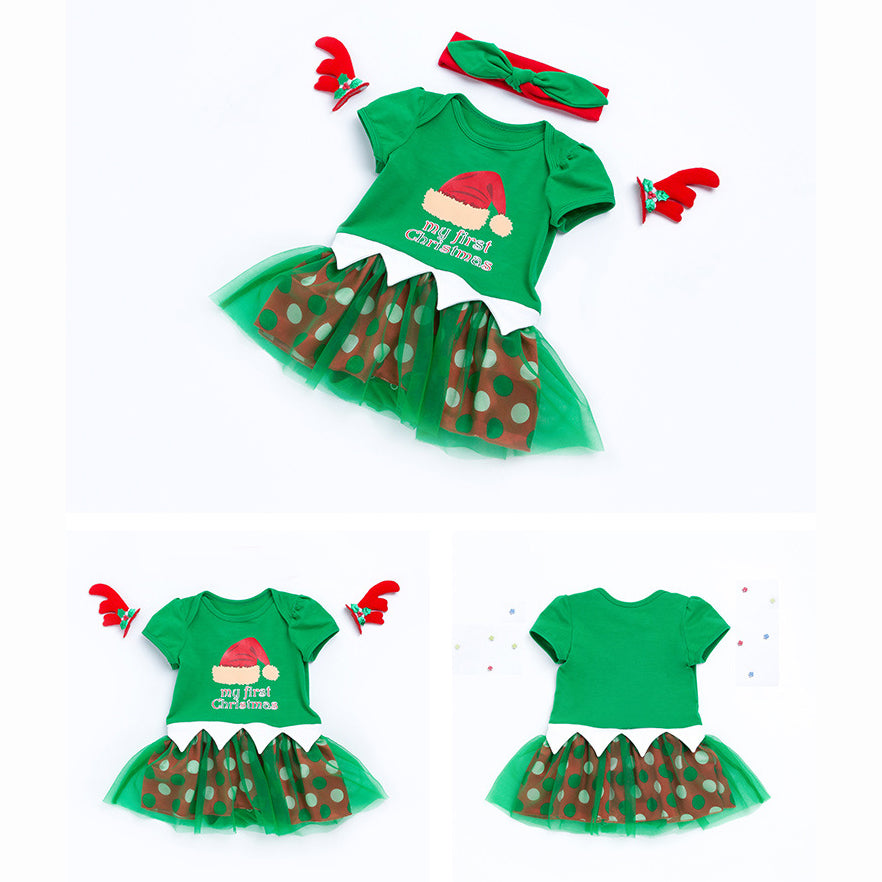 Baby Girl Green Christmas Romper Dress w Headwrap - quixoticmuses