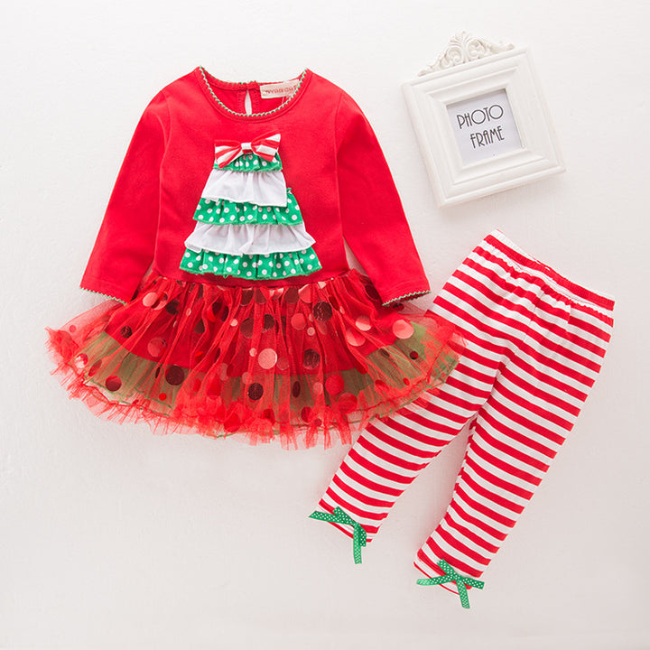 Girl's Christmas Outfit Long Sleeve Christmas Tree Voile Sequin Dress n Pants Two Piece Set - 1125 - quixoticmuses