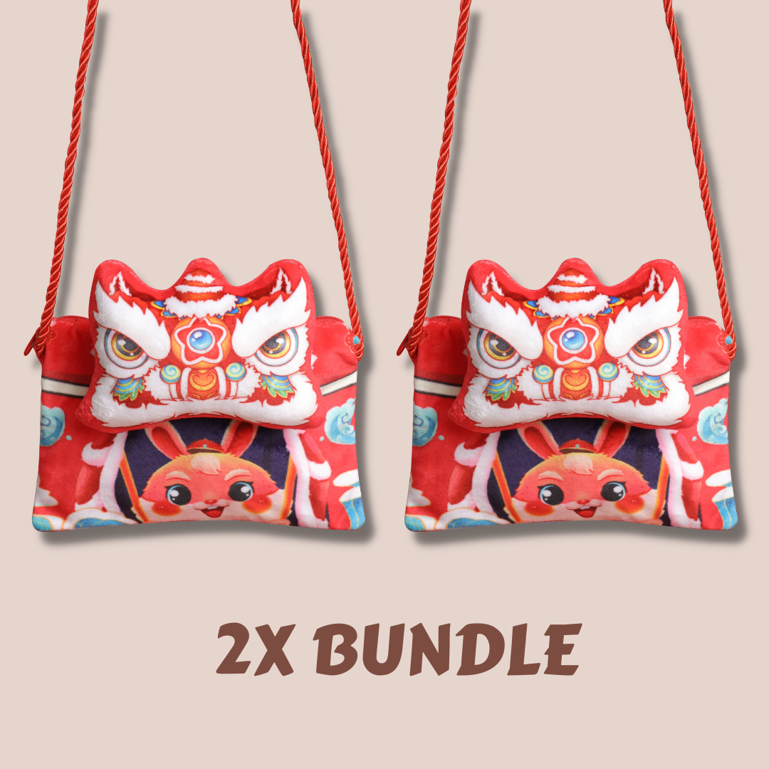 Baby Kids CNY Chinese New Year Rabbit Year Ang Bao Red Velvet Envelope Sling Bag Dancing Lion - quixoticmuses