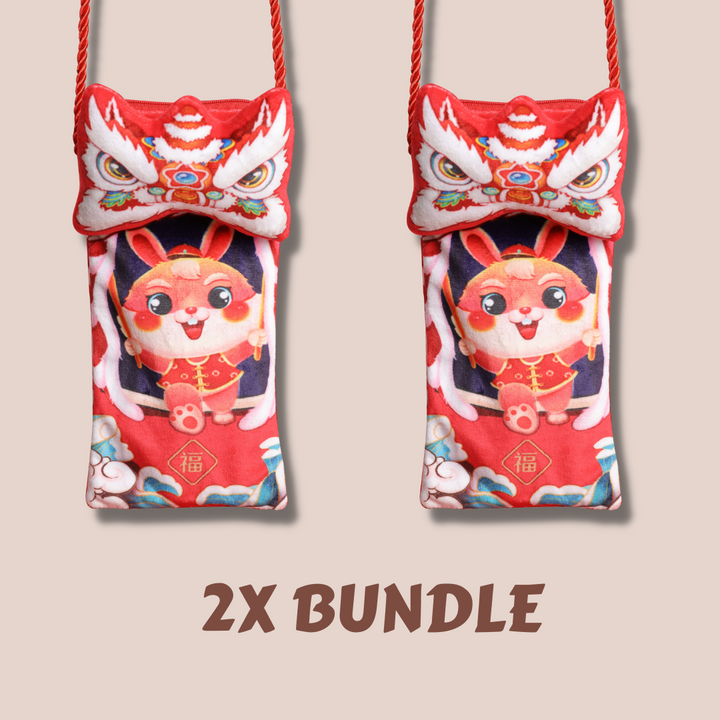 Baby Kids CNY Chinese New Year Rabbit Year Ang Bao Red Velvet Envelope Sling Bag Dancing Lion - quixoticmuses