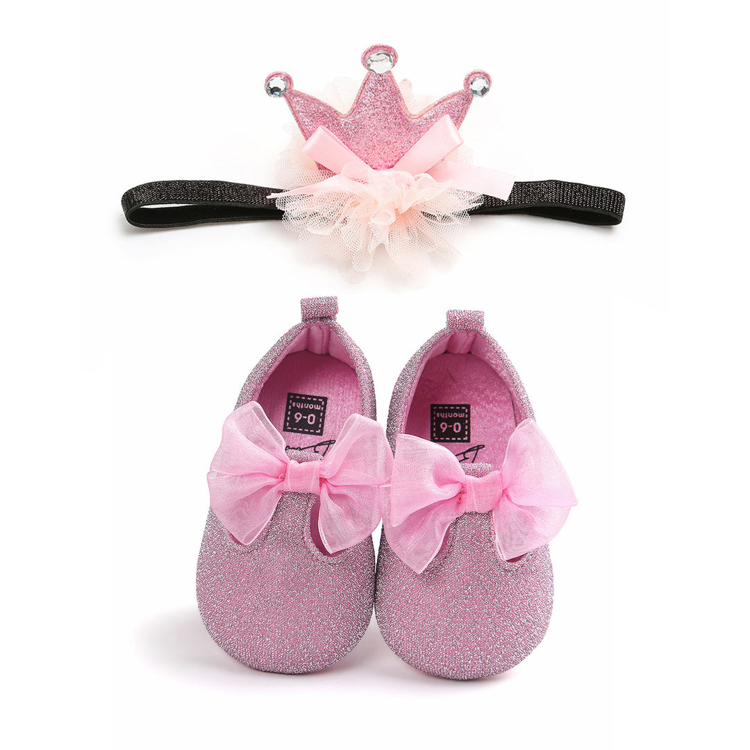 Baby Girl Glitter Flats Bowtie n Crown Headwrap Set - 0912 - quixoticmuses